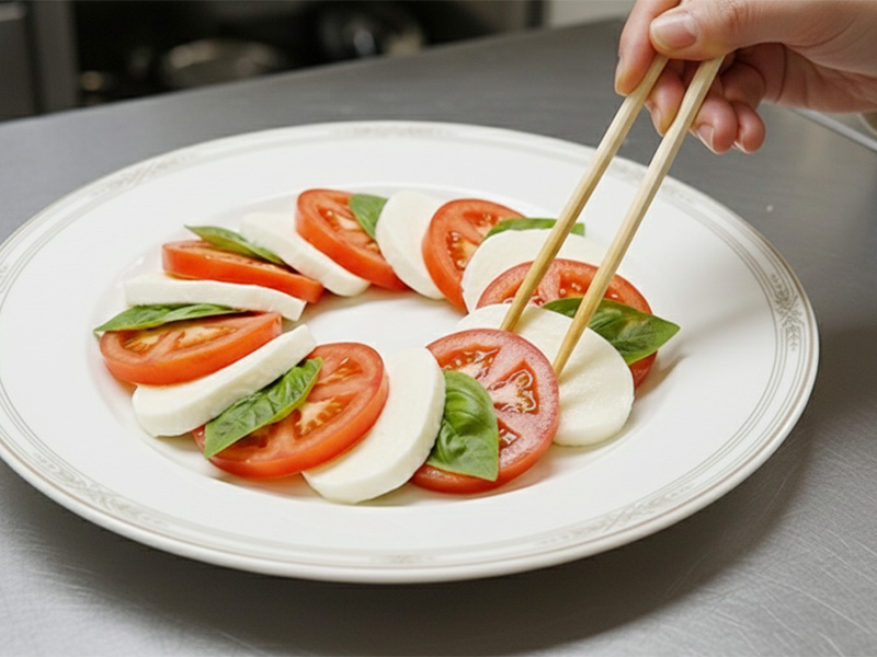 トマト、バジル、チーズを順番に並べる