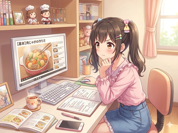 YouYubeでレシピを真剣に視聴している女の子