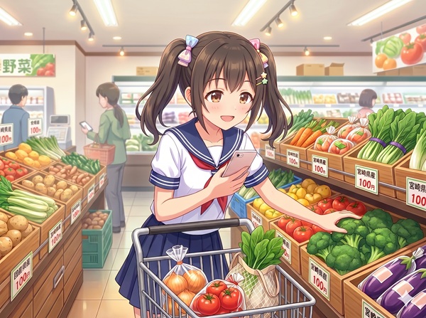 スマホのメモを見ながら買い物をする女子中学生