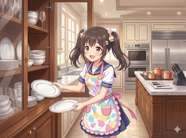 食器を準備する女子中学生